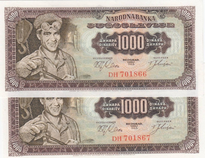 Yugoslavia, 1.000 Dinara, 1963, UNC, p75, (Total 2 consecutive banknotes)
 Seri...