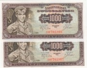 Yugoslavia, 1.000 Dinara, 1963, UNC, p75, (Total 2 consecutive banknotes)
 Serial Number: DH 701866-7
Estimate: 15-30 USD