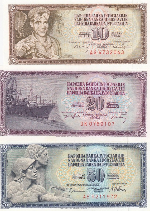 Yugoslavia, 10 Dinara, 20 Dinara, 50 Dinara, 1968/1978, UNC, p82c, p85, p89a
UN...