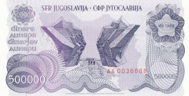 Yugoslavia, 500000 Dinara, 1989, UNC, p98a
 Serial Number: AA0036688
Estimate: 10-20 USD