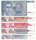 Yugoslavia, UNC, Total 5 banknotes
500 Dinars, 1990, p106; 1.000 Dinars (2), 1990/1992, p114; 5.000.000 Dinars, 1992, p121; 100.000.000 Dinars, 1993,...