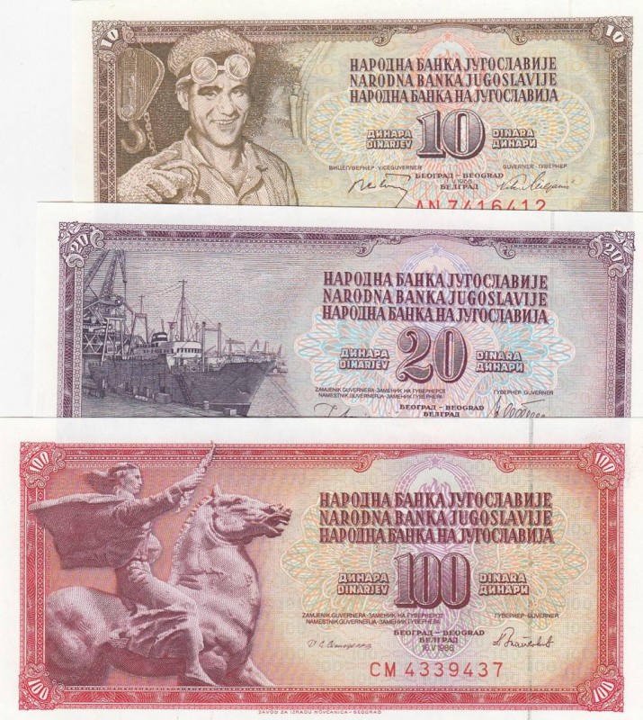 Yugoslavia, Total 3 banknotes
10 Dinara, 1968, UNC, p82c; 20 Dinara, 1978, UNC,...