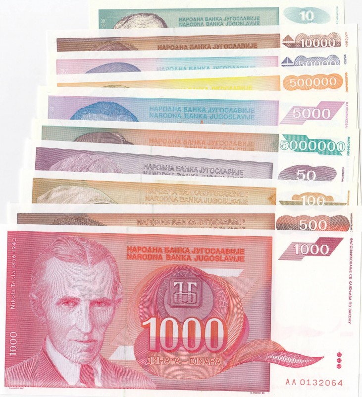 Yugoslavia, Total 10 banknotes
10 Dinara, 1994, UNC; 50 Dinara, 1990, UNC; 100 ...