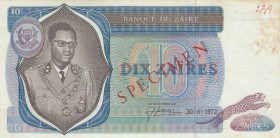 Zaire, 10 Zaires, 1972, AUNC, p23s, SPECIMEN
There are light stains and a writing mark on the banknote
Estimate: 35-70 USD