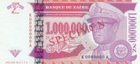 Zaire, 1.000.000 Nouveaux Zaires, 1996, UNC, p79, SPECIMEN
 Serial Number: K0000000A
Estimate: 25-50 USD