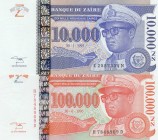 Zaire, UNC, Total 2 banknotes
10.000 Nouveaux Zaires, 1995, UNC, p70; 100.000 Nouveaux Zaires, 1996, UNC, p77
Estimate: 10-20 USD