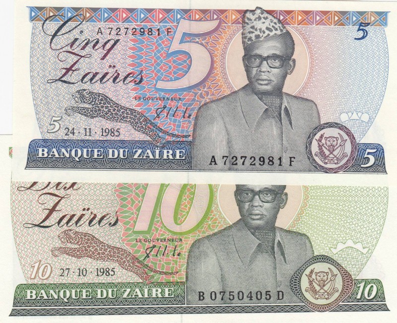 Zaire, 1985, UNC, total 2 banknotes
5 Zaire,1985, p26a; 10 Zaire,1985, p27a, Se...