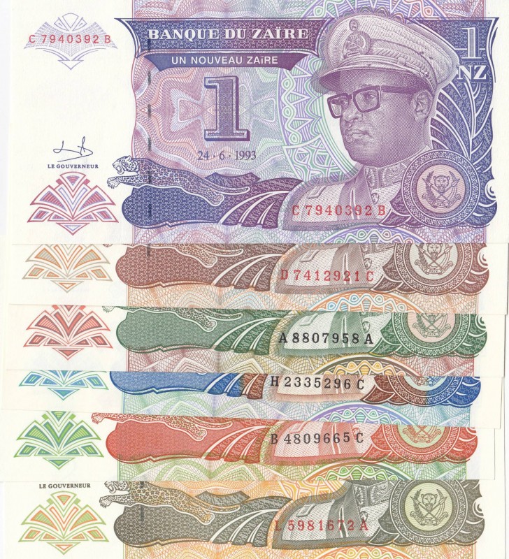 Zaire, Total 6 banknotes
1 Nouveau Zaire, 1993, UNC; 5 Nouveaux Zaires, 1993, U...