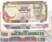 Zambia, Total 4 banknotes
5 Kawacha, 1989, AUNC, p30a; 10 Kwacha, 1989, p31a, UNC; 20 Kwacha, 1980/1988, UNC, p27e; 50 Kwacha, 1986/1988, UNC, p28a ...