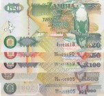 Zambia, Total 5 banknotes
20 Kwacha, 1992, UNC, p36; 50 Kwacha, 2007, UNC, p37f; 100 Kwacha, 2006, UNC, p38g; 500 Kwacha, 2008, UNC, p43f, polymer pl...