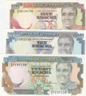 Zambia, Total 3 banknotes
5 Kwacha, 1989, UNC, p30a; 10 Kwacha, 1989/1991, UNC, p31b; 20 Kwacha, 1989/1991, UNC, p32b
Estimate: 10-20 USD
