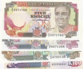 Zambia, Total 4 banknotes
5 Kwacha, 1989, UNC, p30a; 10 Kwacha, 1989/1991, UNC, p31b; 20 Kwacha, 1989/1991, UNC, p32b; 100 Kwacha, 1991, UNC, p34a
E...