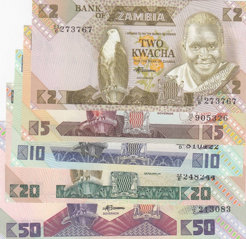 Zambia, Total 5 banknotes
2 Kwacha, 1980/1988, UNC, p24; 5 Kwacha, 1980/1988, U...