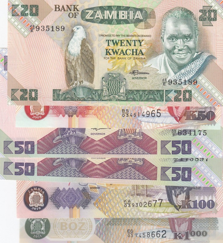 Zambia, Total 6 banknotes
20 Kwacha, 1984/1988, UNC; 50 Kwacha, 2009, UNC; 50 K...