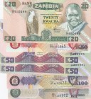 Zambia, Total 6 banknotes
20 Kwacha, 1984/1988, UNC; 50 Kwacha, 2009, UNC; 50 Kwacha, 1986/1988, UNC; 100 Kwacha, 2010, UNC; 1.000 Kwacha, 2011, UNC,...