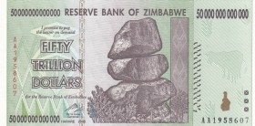 Zimbabwe, 50.000.000.000.000 Dollars, 2008, UNC, p90
 Serial Number: AA1958607
Estimate: 15-30 USD
