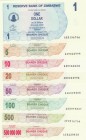 Zimbabwe, UNC, Total 8 banknotes
1 Dollar, 2006, p37; 5 Dollars, 2006, p38; 10 Dollars, 2006, p39; 20 Dollars, 2006, p40; 50 Dollars, 2006, p41; 100 ...
