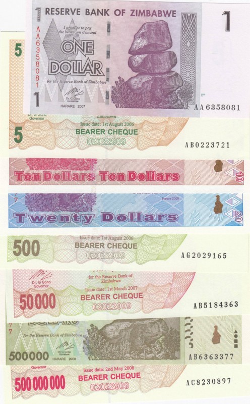 Zimbabwe, Different 8 banknotes
1 Dollar, 2007, UNC, p65; 5 Dollars, 2006, UNC,...