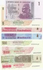 Zimbabwe, Different 8 banknotes
1 Dollar, 2007, UNC, p65; 5 Dollars, 2006, UNC, p38; 10 Dollars, 2009, UNC, p94; 20 Dollars, 2009, UNC, p95; 500 Doll...