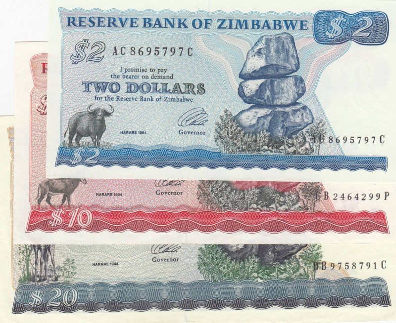 Zimbabwe, differant 3 banknotes
2 Dollars, 1994, UNC, p1c; 10 Dollars, 1994, XF...