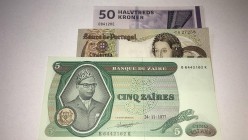 Mix Lot, 50 Escudos, AUNC, Lot of 3 AUNC banknotes from 3 different countries
Portugal, 50 Escudos, 1968; Denmark, 50 Kroner, 2009; Zaire, 5 Zaires, ...