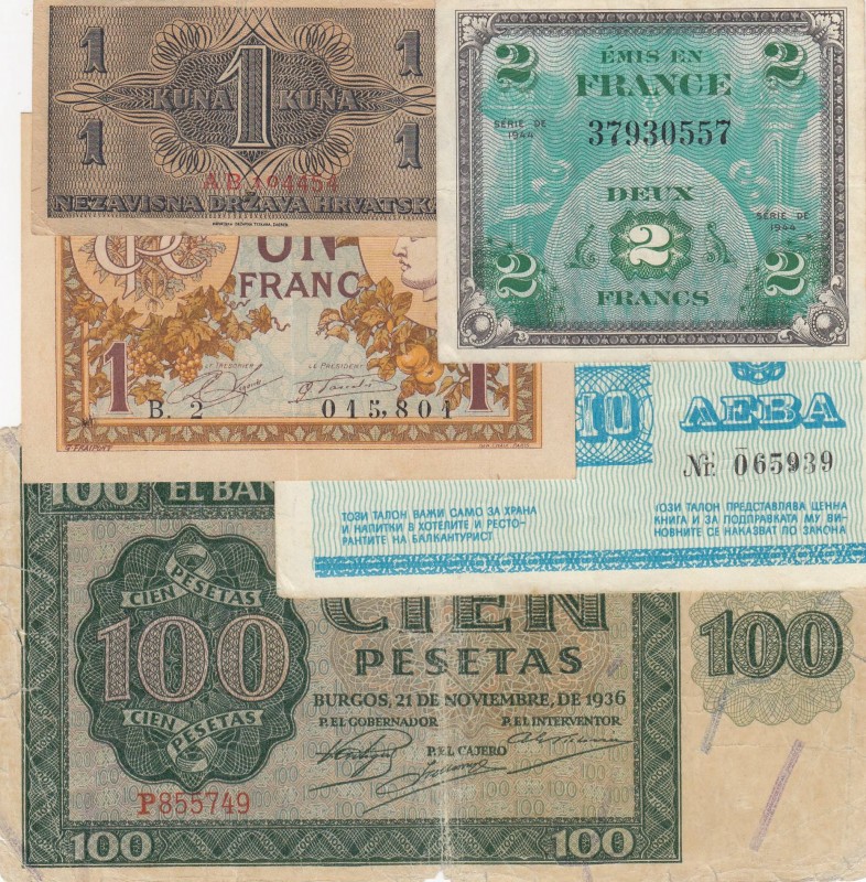 Mix Lot, 5 different banknotes
France, 1 Frank, 1920, AUNC; Croatia, 1 Kuna, 19...