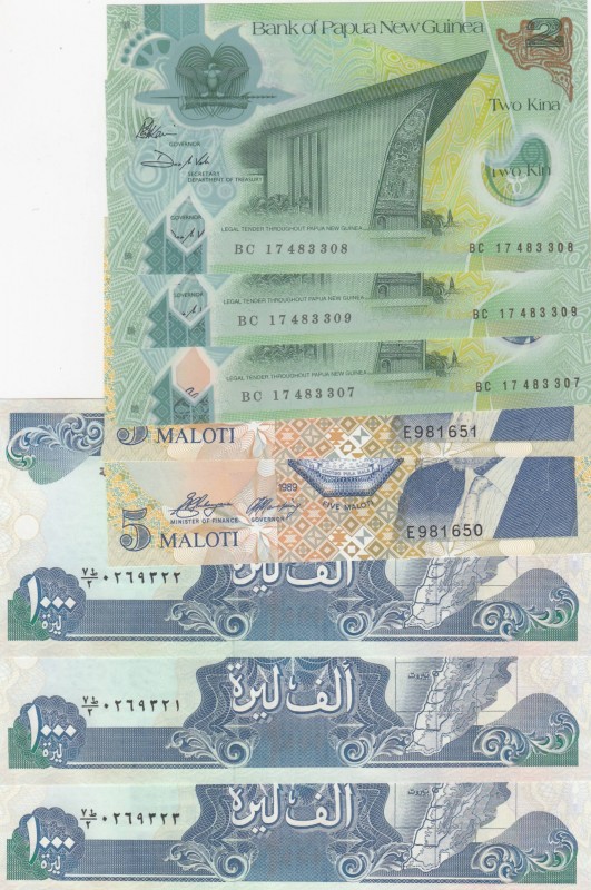 Mix Lot, Total 8 banknotes
Lesotho, 5 Maloti(2), 1989, UNC, p10; Lebanon, 1000 ...