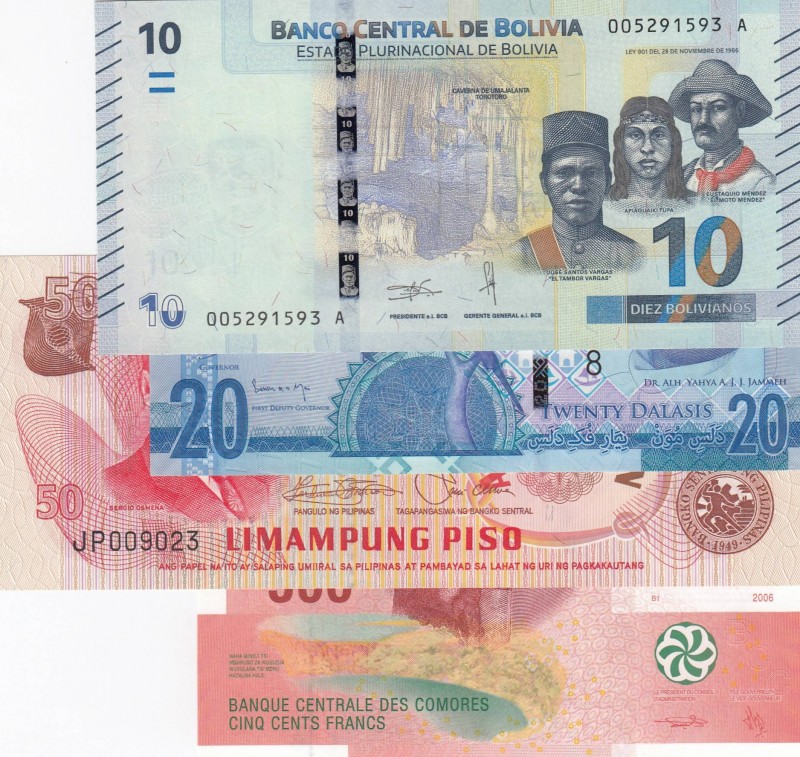 Mix Lot, Different 4 banknotes
Bolivia, 10 Bolivianos, 2018, UNC, pNew; Gambia,...