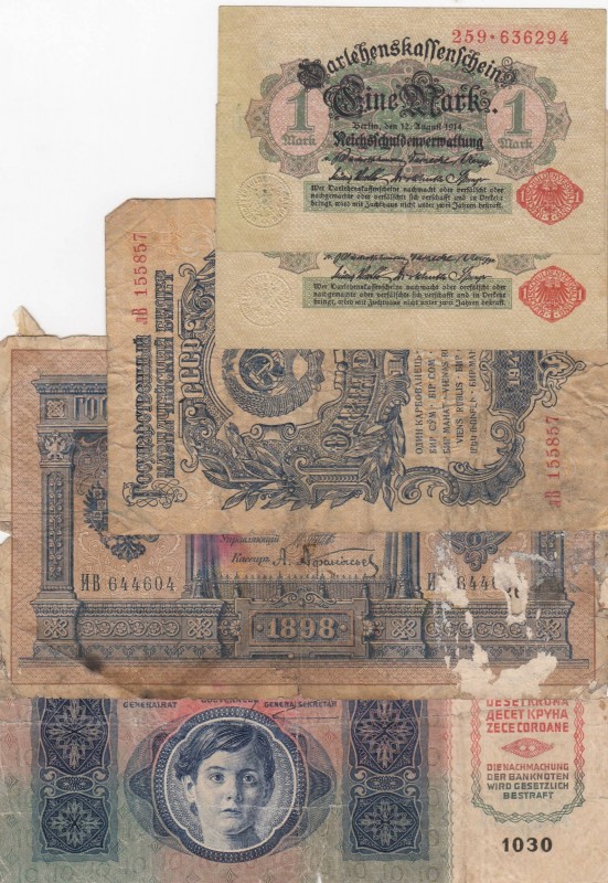 Mix Lot, Total 5 banknotes
Germany, 1 Mark(2), 1914, FINE, p51, one of has stai...