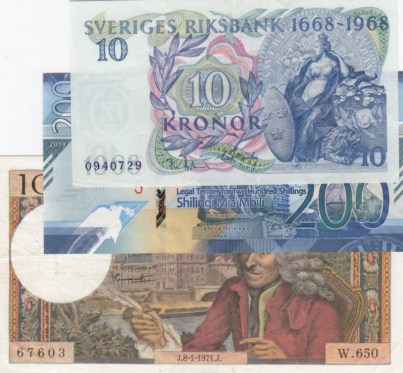 Mix Lot, Total 3 banknotes
Sweden, 10 Kronor, 1968, XF, p56; Kenya, 200 Shillin...