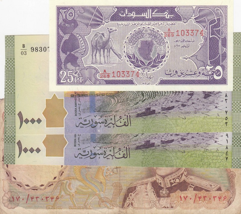 Mix Lot, Total 4 banknotes
Sudan, 25 Piastres, 1987, UNC, p37; Syria, 1.000 Pou...