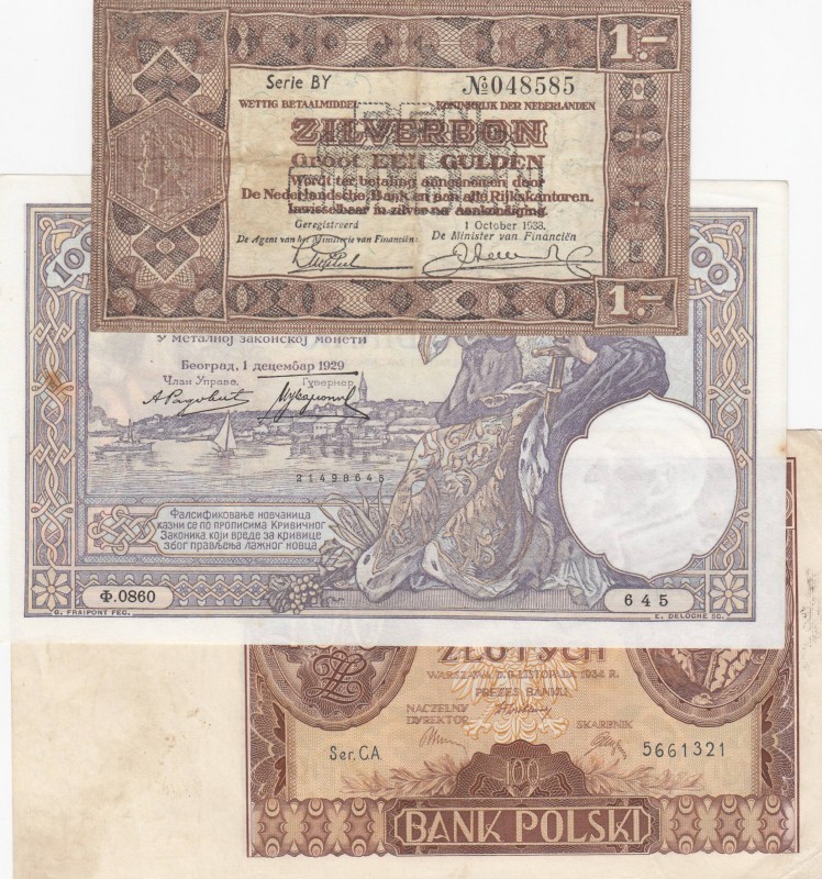 Mix Lot, Total 3 banknotes
Netherlands, 1 Gulden, 1938, VF, p61; Yugoslavia, 10...