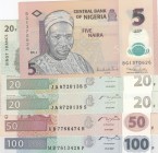 Mix Lot, Total 5 banknotes
Congo Democratic Republic, 20 Francs(2), 2003, UNC; 50 Francs, 2007, UNC; 100 Francs, 2007, UNC; Nigeria, 5 Naira, 2011, U...