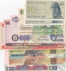 Mix Lot, Total 15 banknotes
Turkmenistan, 1 Manat, 2014, UNC; 1 Manat, 2017, UNC; Zambia, 50 Kwacha, 1986/1988, UNC(-); 100 Kwacha, 2008, UNC(-); Moz...
