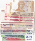 Mix Lot, Total 15 banknotes
Croatia, 1 Dinar, 1991, UNC; 25 Dinara, 1991, UNC(-); 50.000 Dinars(2), 1993, UNC; Belarus, 50 Rublei(3), 2000, UNC; Zamb...