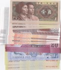 Mix Lot, Total 19 banknotes
China, 1 Jiao(4), 1980, UNC; Cambodia, 100 Riels(4), 2014, UNC; Sri Lanka, 20 Rupees(3), 2015, UNC(-); Bhutan, 1 Ngultrum...