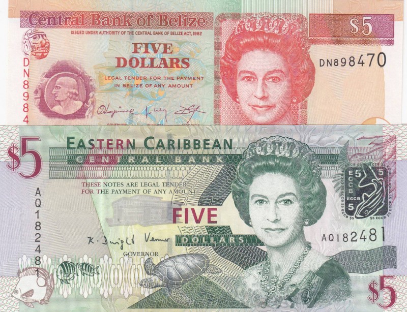 Mix Lot, Two Queen 5 dollar lots
Belize 5 Dollars 2011; East Caribbean 5 dollar...