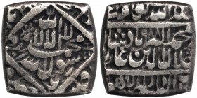 Silver Square One Rupee Coin of Akbar of Lahore Dar ul Sultana Mint.
