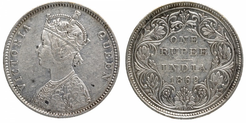 British India
Rupee 1
Rupee 01
1862, Victoria Queen, Silver Rupee, Bombay Min...