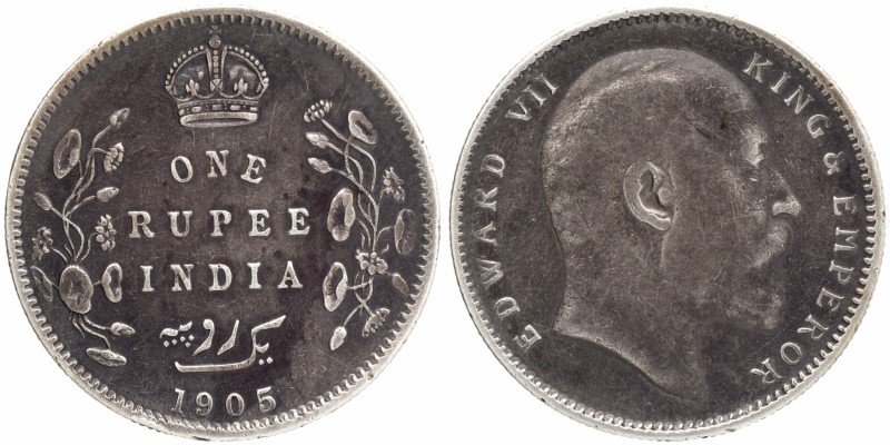 British India
Rupee 1
Rupee 01
1905, King Edward VII, Silver Rupee, Calcutta ...