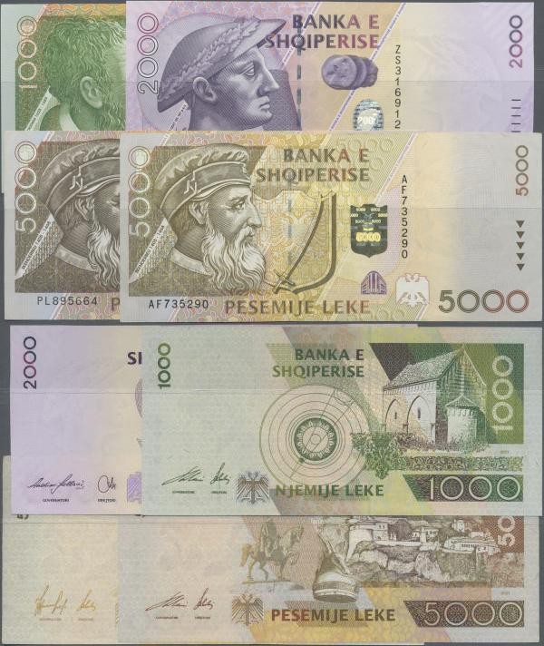 Albania: Set with 4 banknotes 1000, 2000 and 2x 5000 Leke 1996-2007, P.66, 69, 7...