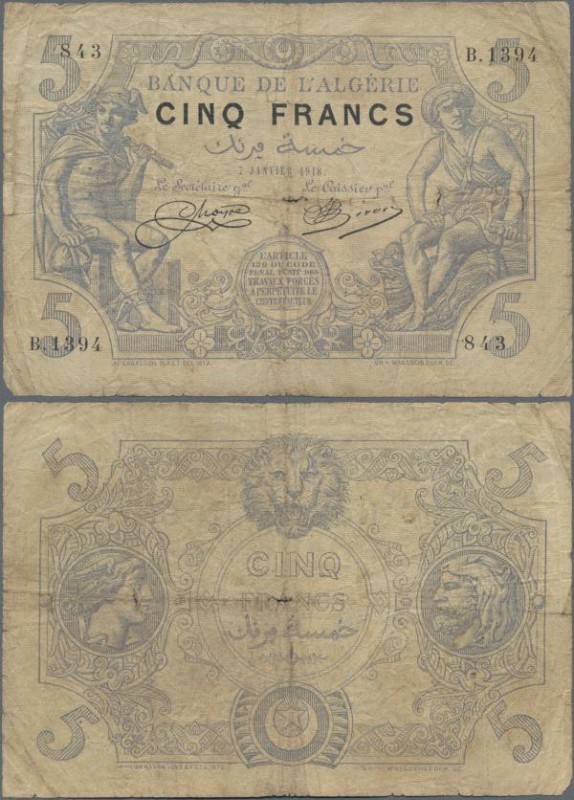 Algeria: Banque de l'Algérie 5 Francs 1918, P.71b, used condition with a number ...