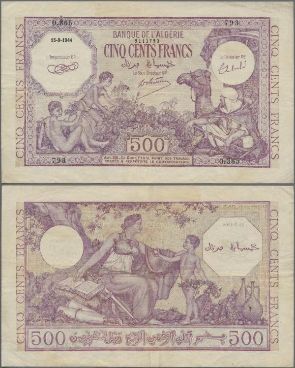 Algeria: 500 Francs 1944, P.95, some folds and tiny pinholes at left, condition:...