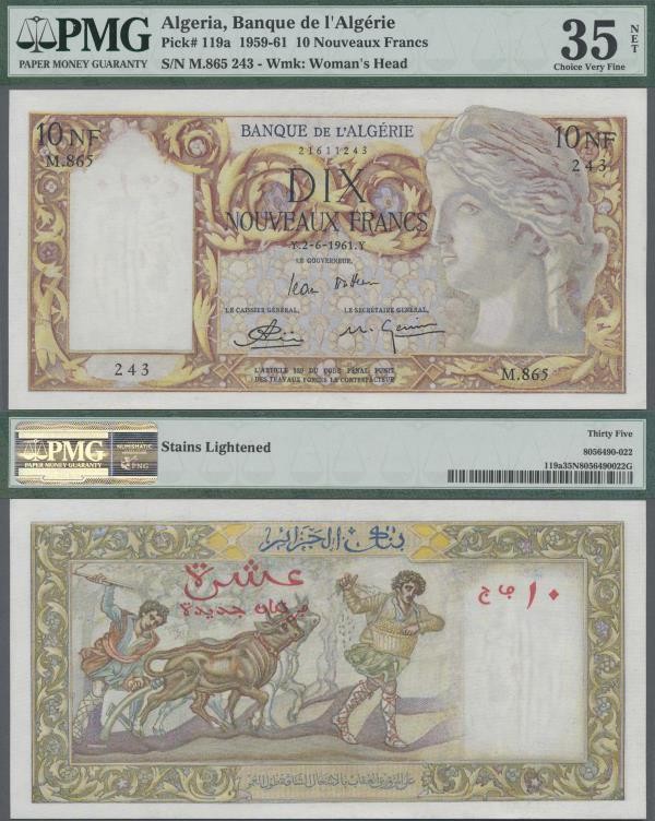 Algeria: Banque de l'Algérie 10 Nouveuax Francs 1961, P.119a, minor spots at low...