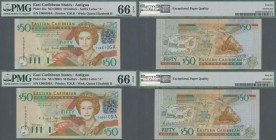 Antigua: Nice set with 4 banknotes 50 Dollars ND(2003), P.45a, all in UNC and three of them consecutive numbered, all PMG graded 66 Gem Uncirculated E...