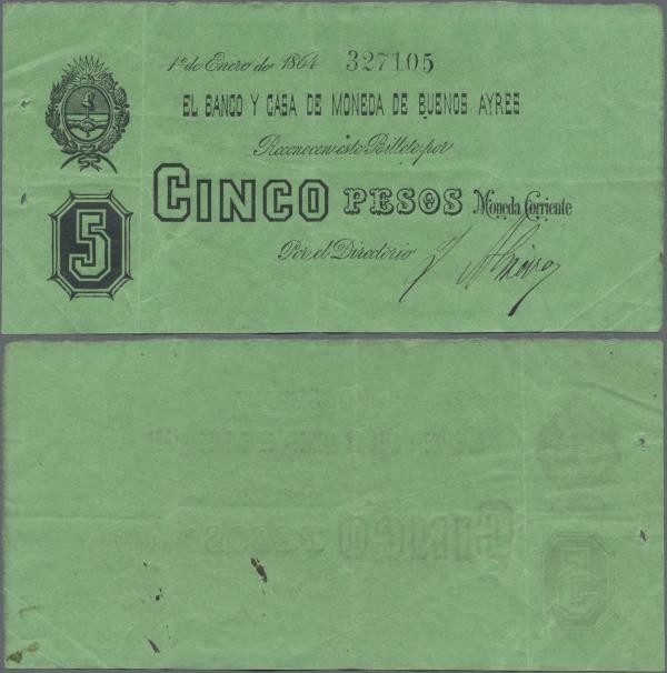 Argentina: Banco y Casa de Moneda de Buenos Ayres 5 Pesos 1864, P.S442, great or...