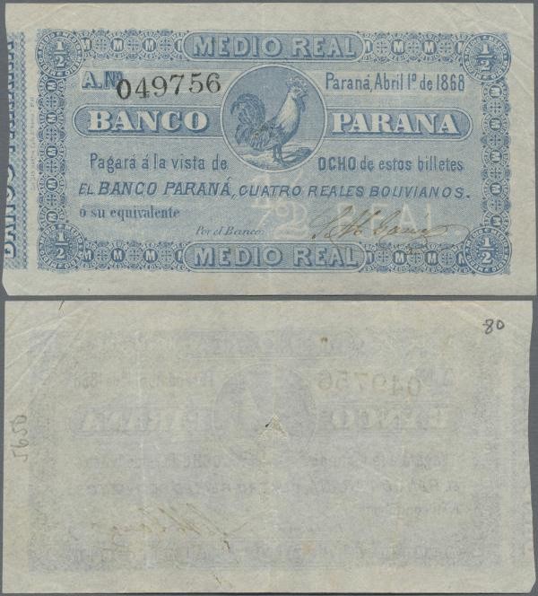 Argentina: Banco Parana 1/2 Real 1868, P.S1811a, small tear at center, some fold...