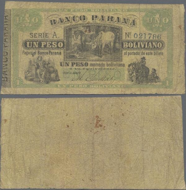 Argentina: Banco Parana 1 Peso Boliviano ND(1868), P.S1815, almost well worn wit...