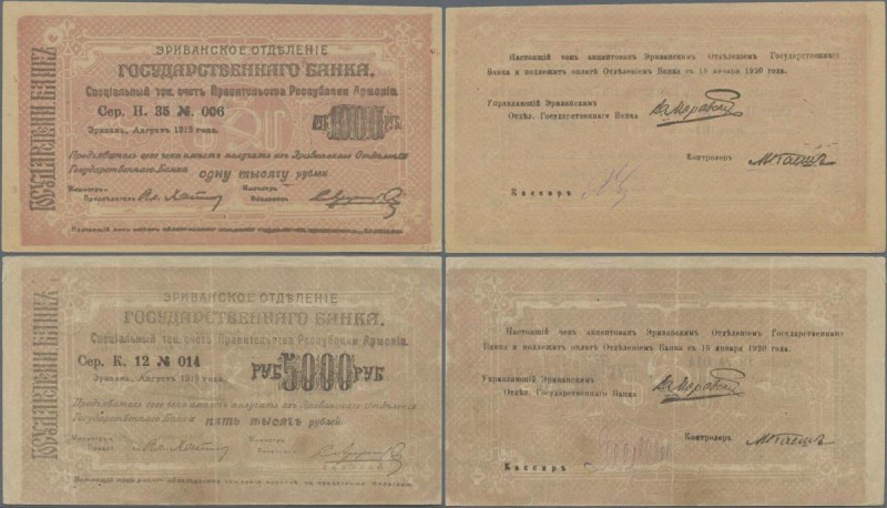 Armenia: Pair with 1000 Rubles 1919 P.27 (UNC) and 5000 Rubles 1919 (1920) P.28 ...