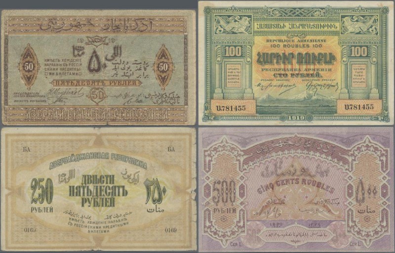 Armenia: Set with 4 banknotes Armenia and Azerbaijan with 50, 100, 250 and 500 R...
